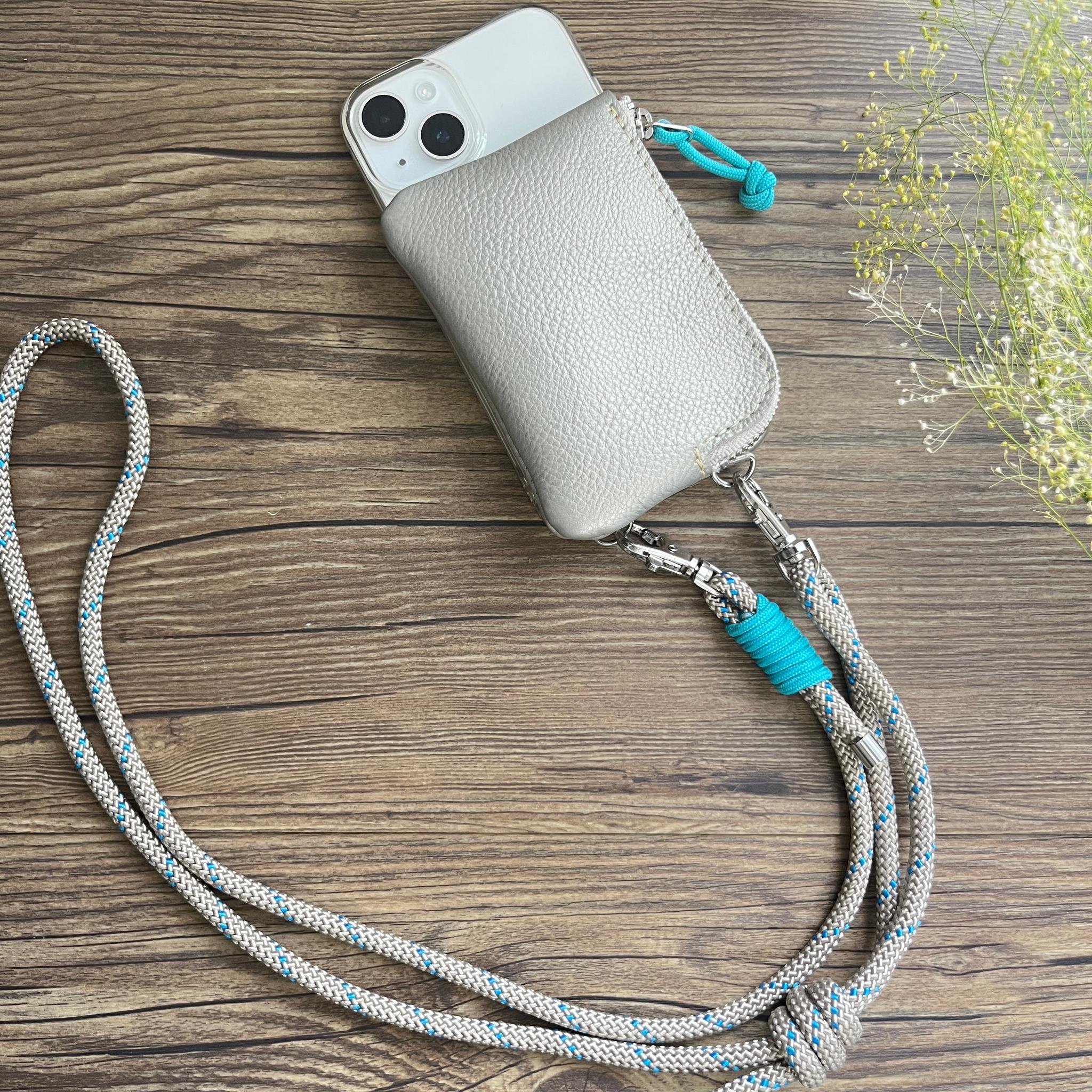 本革ファスナーポーチ付スマホケース&パラコードショルダーストラップ●長さ調整可●ゴールド iPhone,Xperia