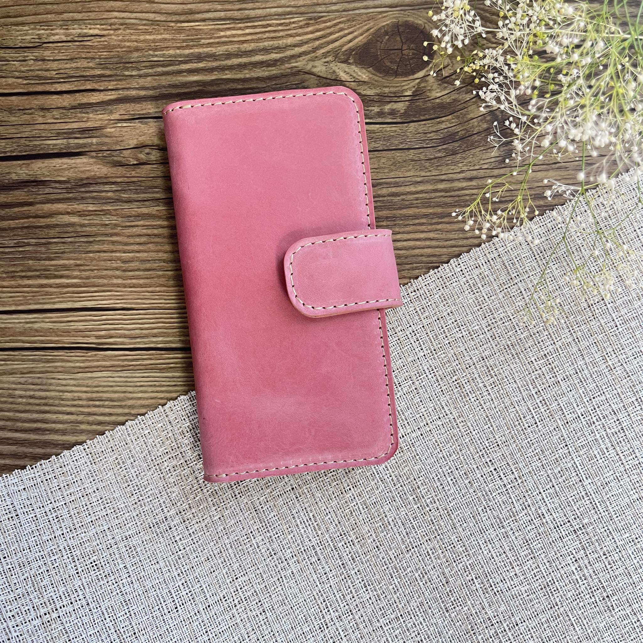 牛革 大人かわいいくすみピンク 手帳型スマホケース iPhone, Xperia