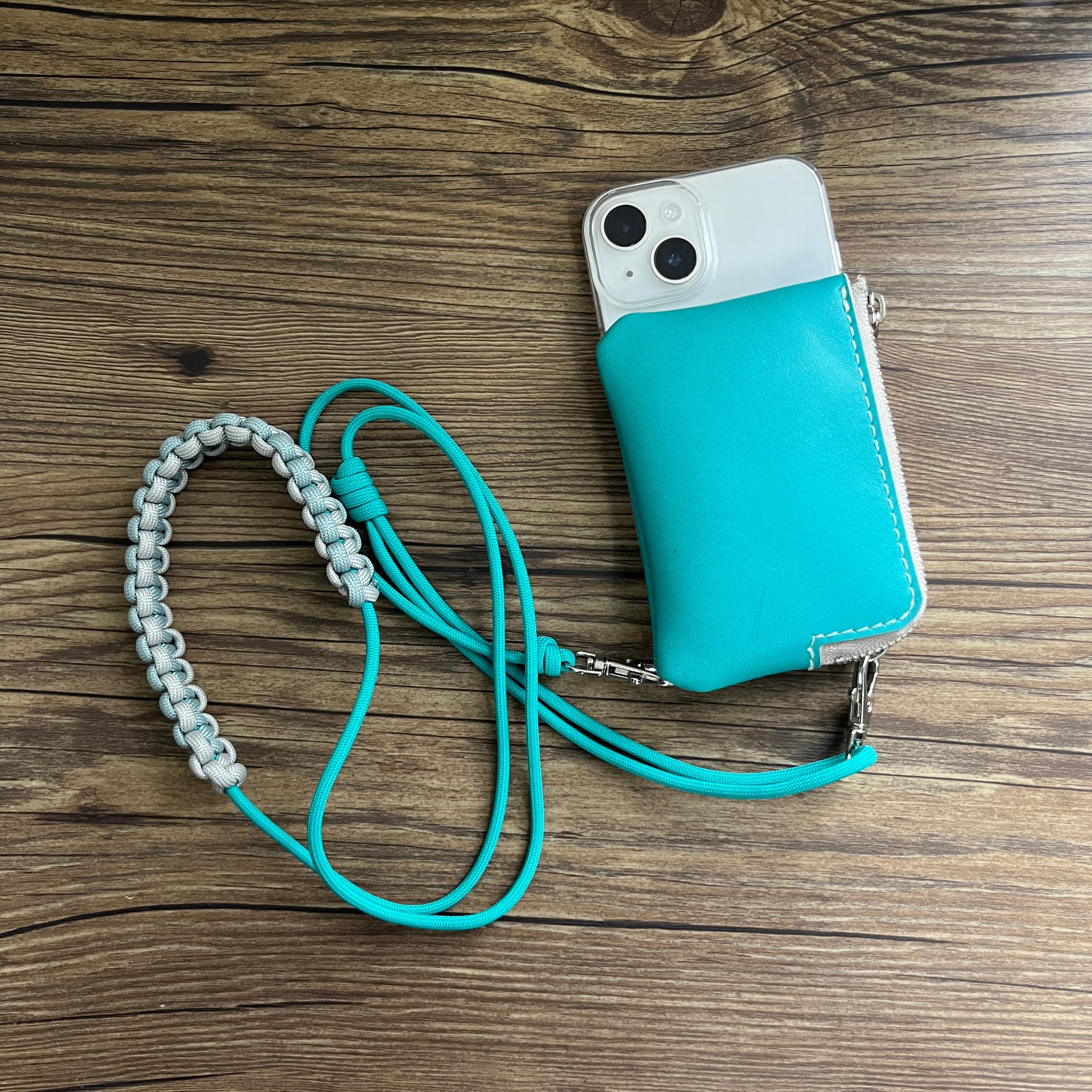 本革ファスナーポーチ付スマホケース&パラコードストラップ●長さ調整可●ターコイズグリーン iPhone,Xperia